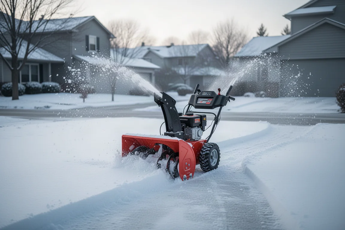 Snow blower clearing a snow-covered driveway in soft morning light