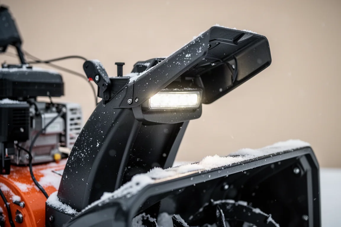 Close-up of a snow blower chute with directional deflector and LED headlight
