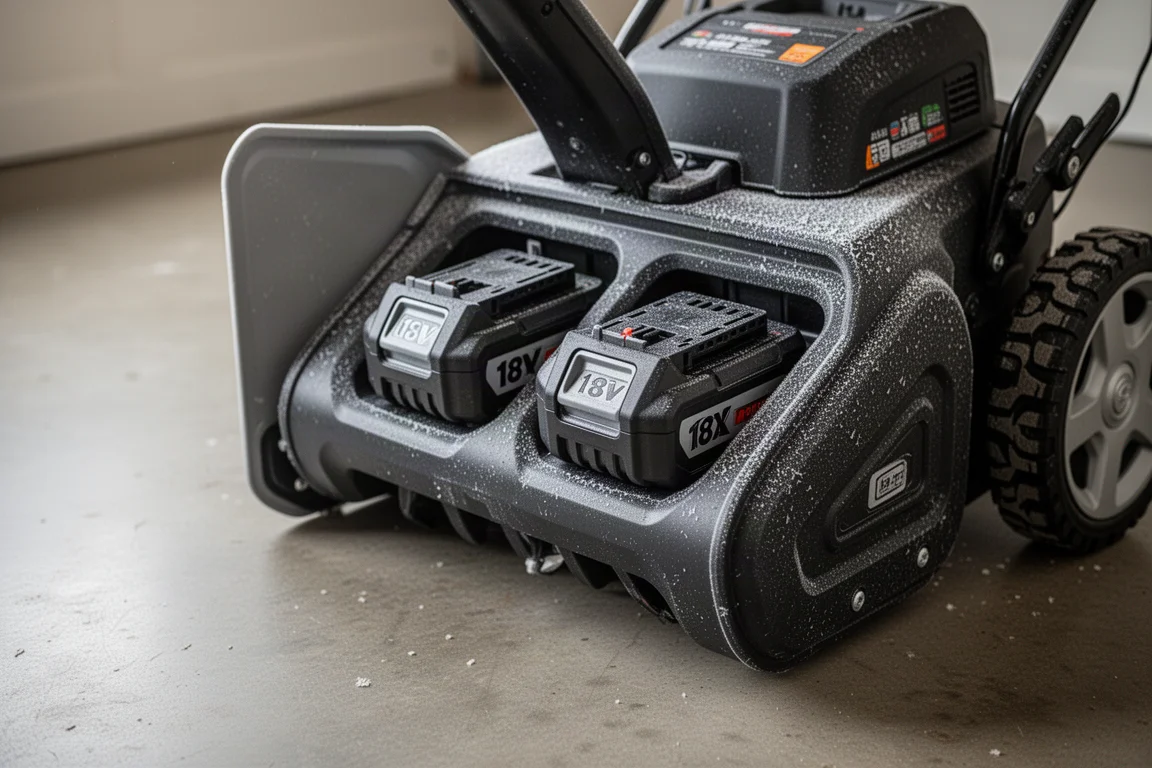 Two 18V batteries slotted into the dual battery ports of a snow blower