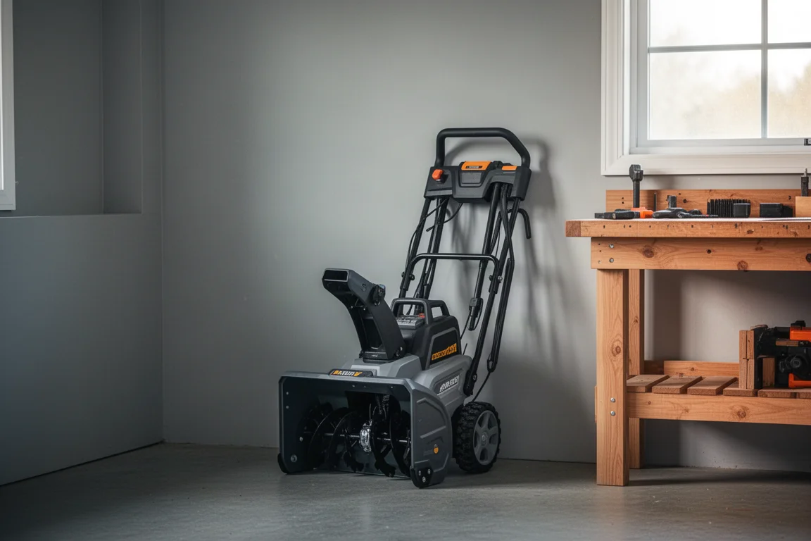 Snow blower with folding handles stored compactly in a garage
