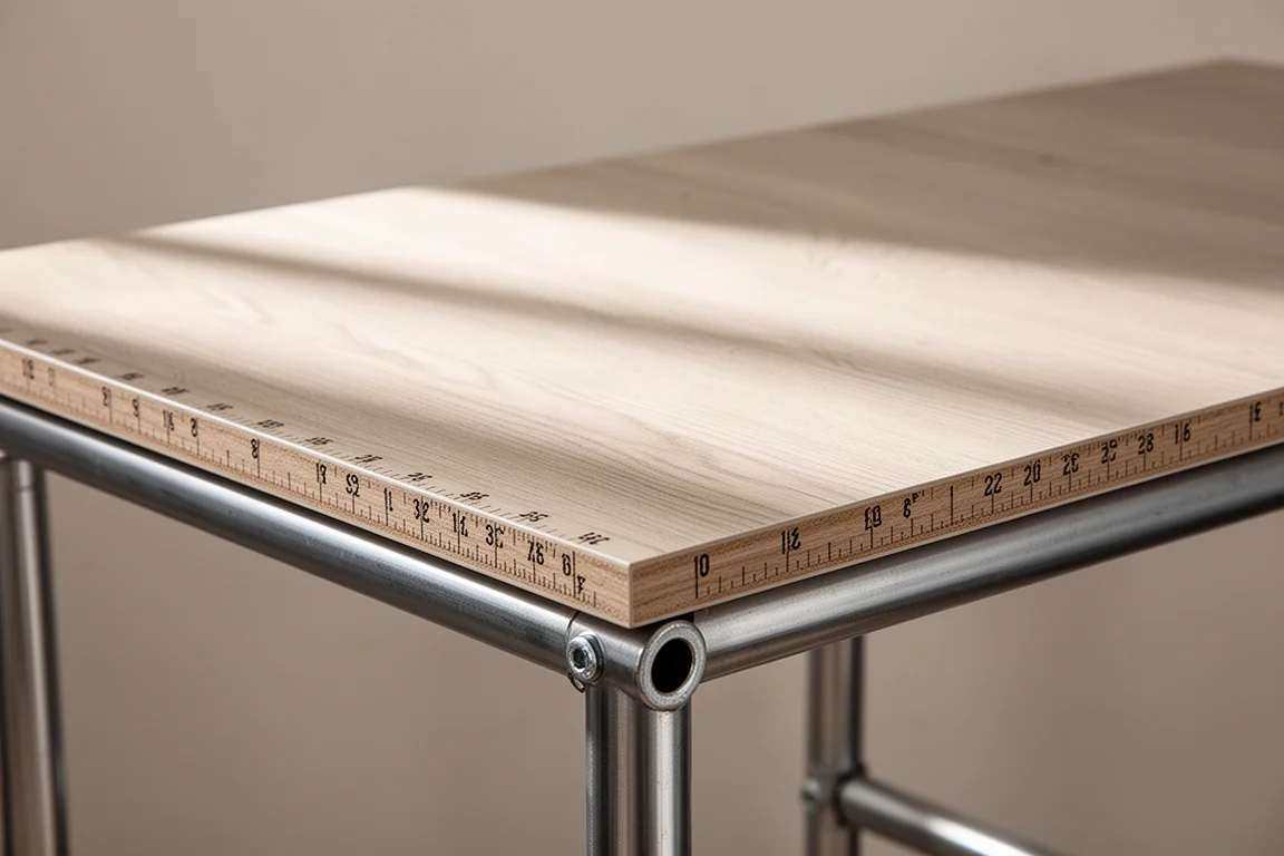Laminat-Arbeitsplatte mit aufgemalten Messmarkierungen bei weichem Licht