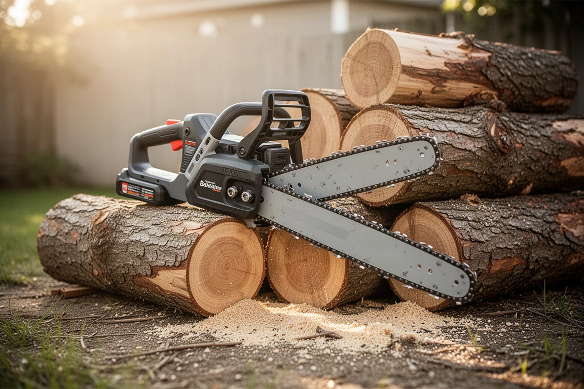 Cordless chainsaw resting on cut logs in a sunlit woodpile