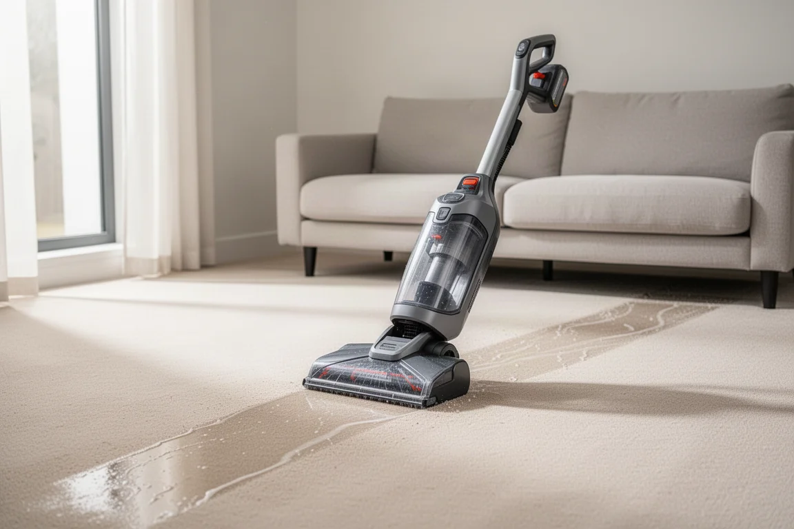 Cordless carpet washer cleaning a light carpet in a bright living room