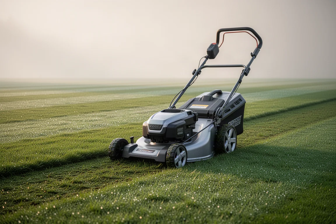 Self-propelled cordless lawn mower on a neatly striped green lawn