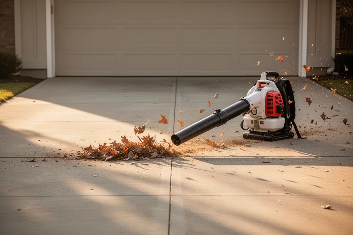 Backpack leaf blower clearing debris from a wide driveway at dusk