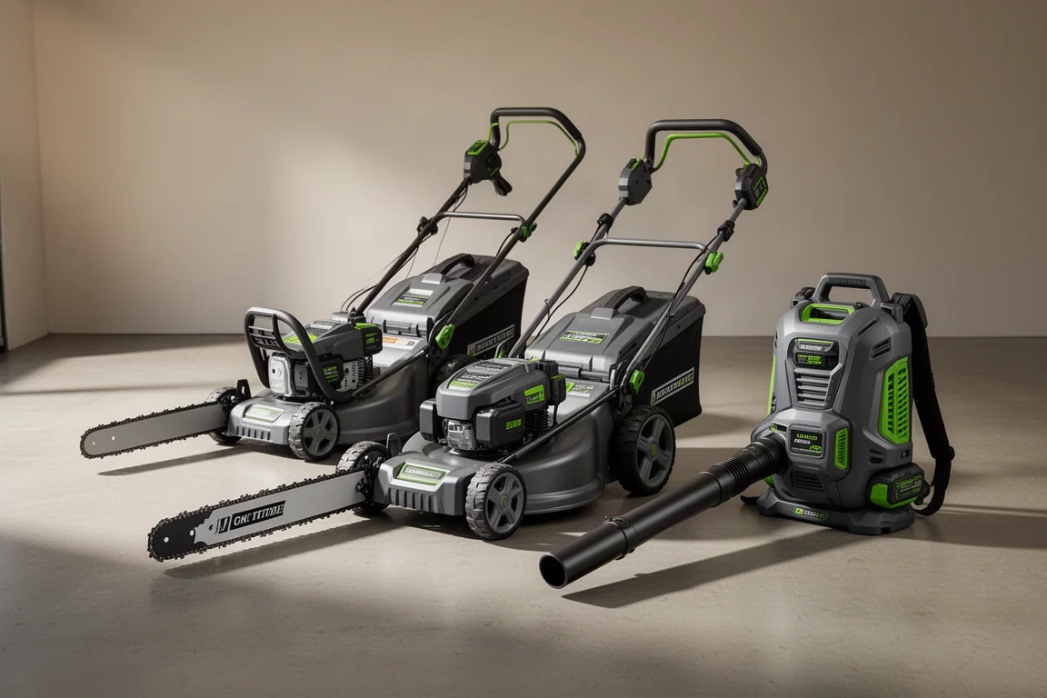 Ryobi cordless chainsaw, lawn mower, and backpack blower arranged on a concrete garage floor