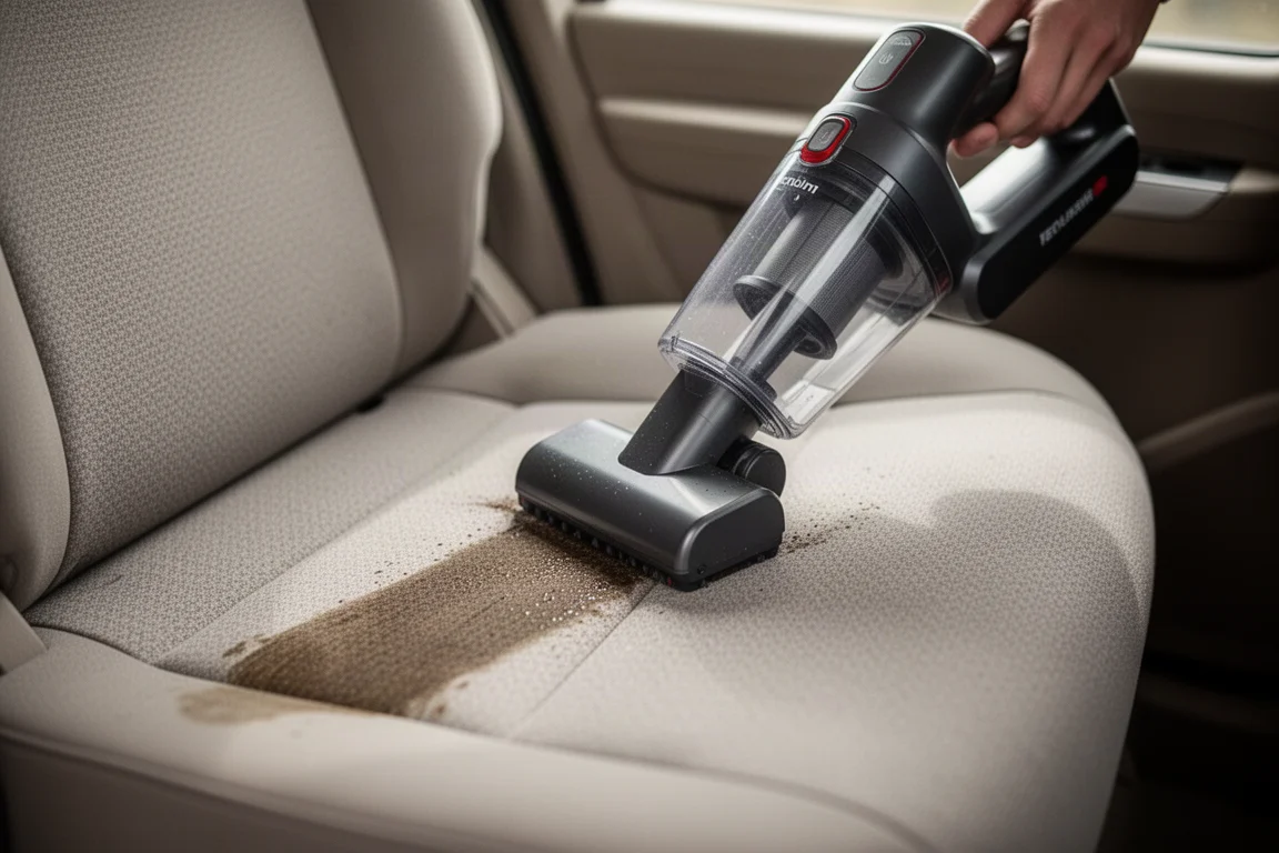 Nettoyeur de taches sans fil traitant une tache sur un siège auto en tissu, en lumière douce
