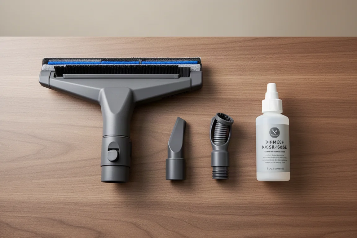 Kit d'accessoires du nettoyeur de taches disposé sur une surface de travail plane