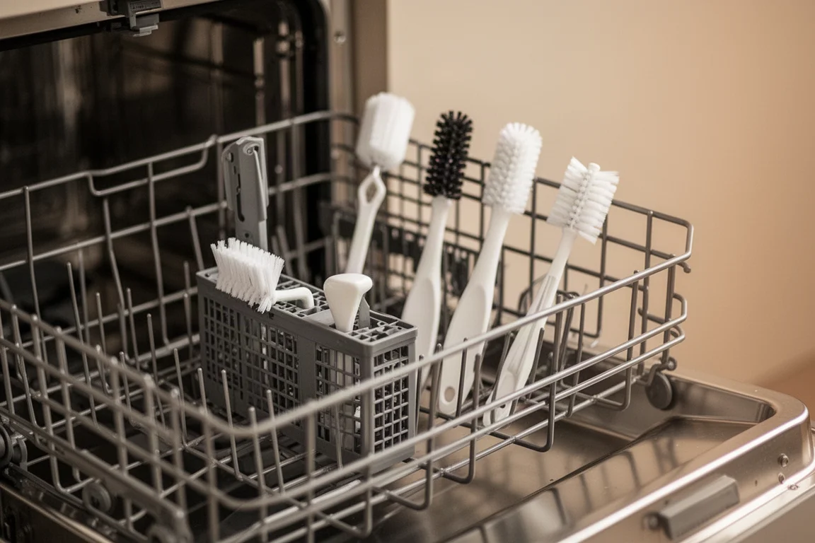 Accessoires de nettoyage chargés dans le panier supérieur d'un lave-vaisselle ouvert