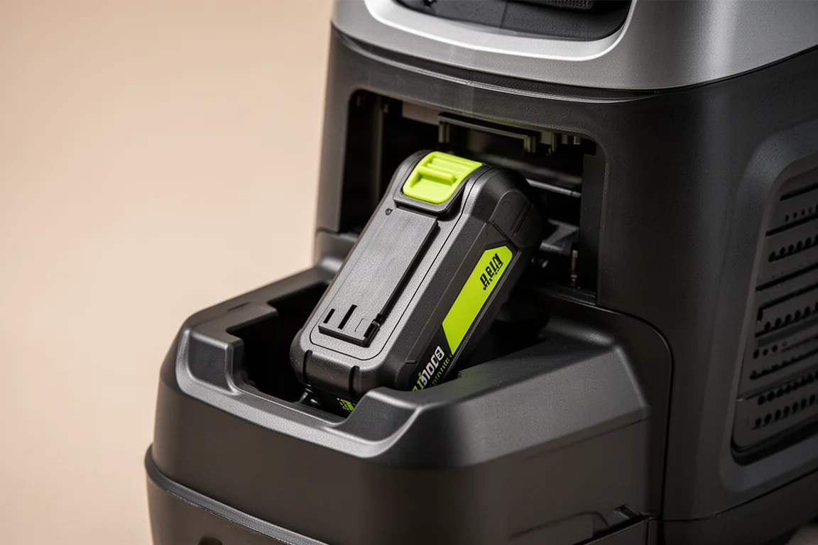 Batterie Ryobi 18V insérée à l'arrière du nettoyeur de taches