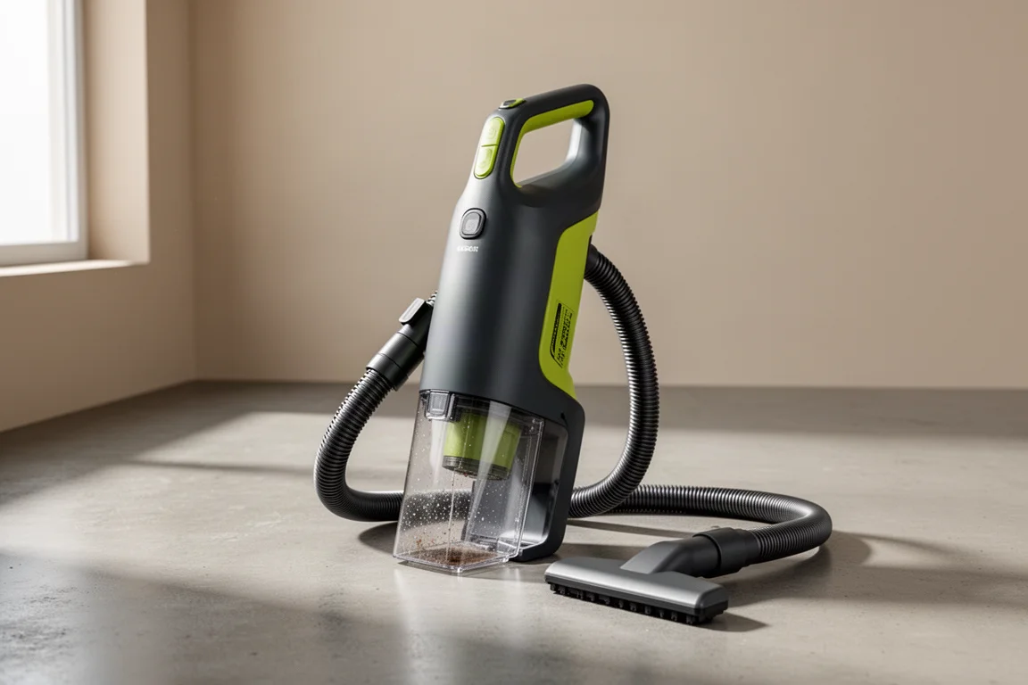 Compact cordless spot cleaner with hose and nozzle attachment on concrete floor