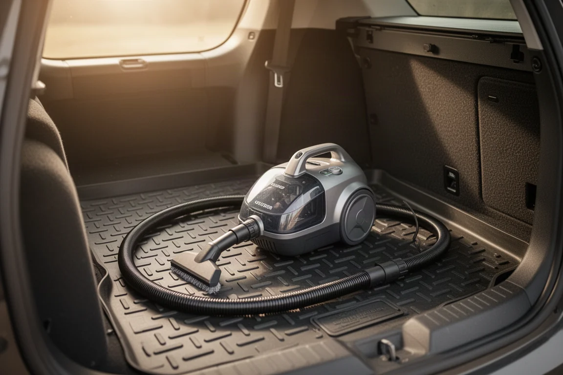 Portable spot cleaner sitting in the back of a car interior ready for use