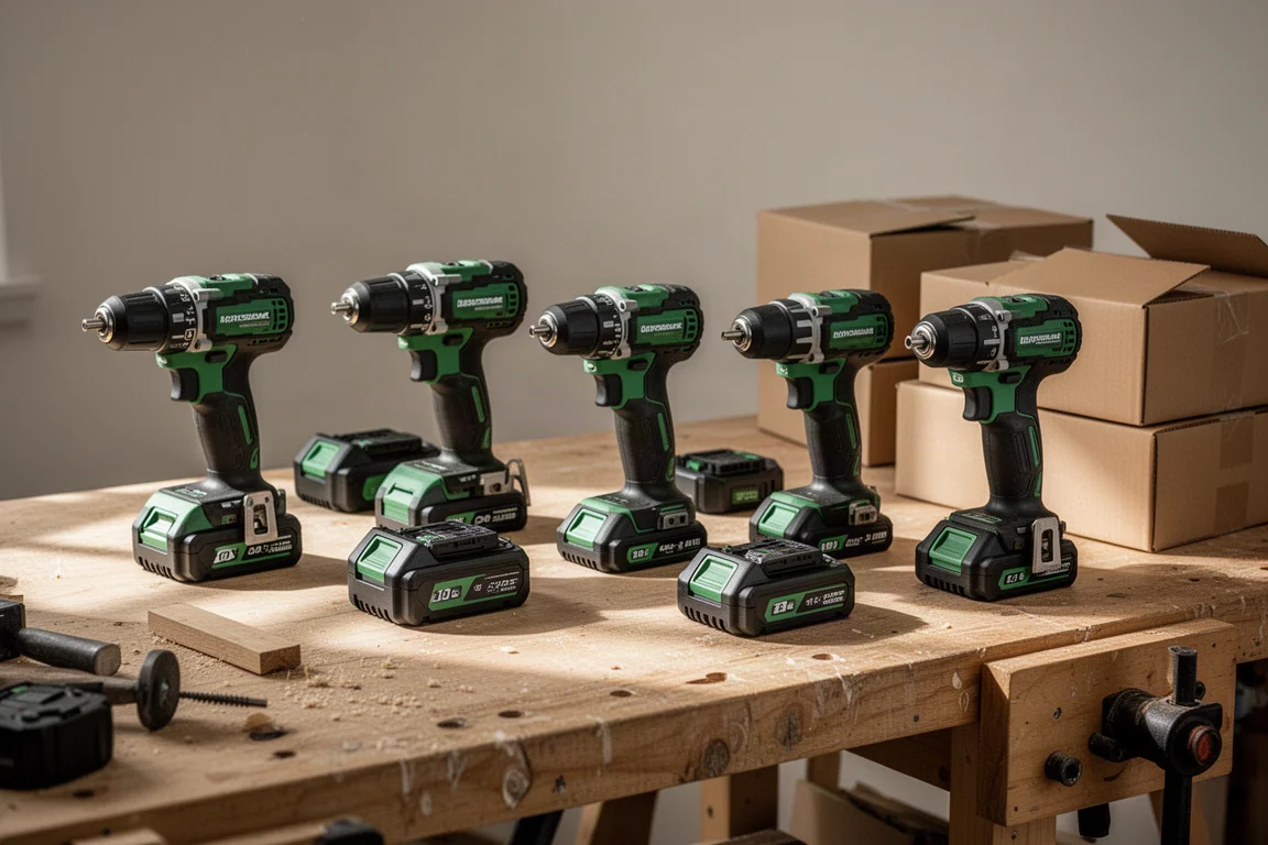 A workbench filled with freshly unboxed cordless power tools