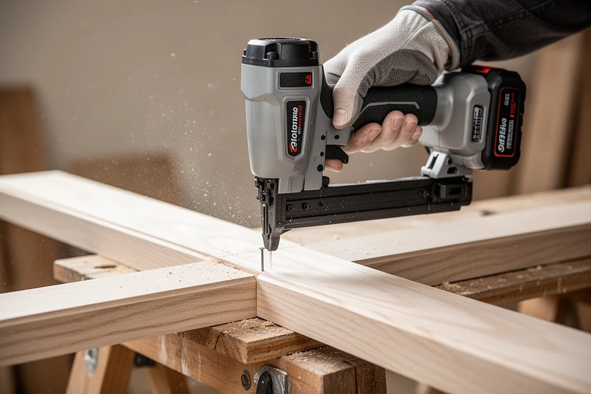 Cordless nailer driving a pin into hardwood trim