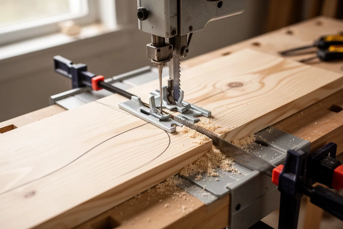 Jigsaw blade making a clean curve cut in pine boards