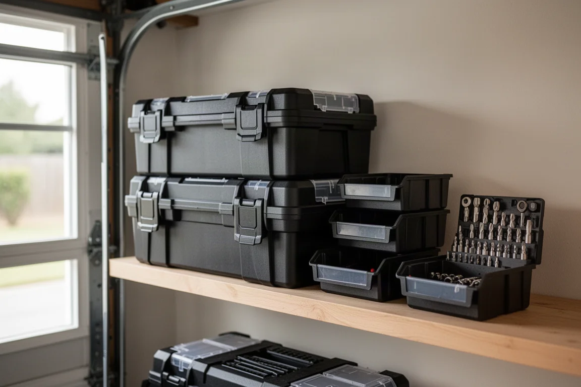 Stackable tool storage boxes organized on a garage shelf