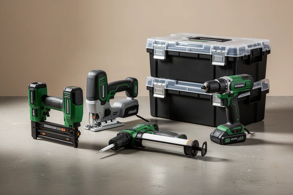 Assorted Ryobi cordless power tools and storage boxes on a concrete floor