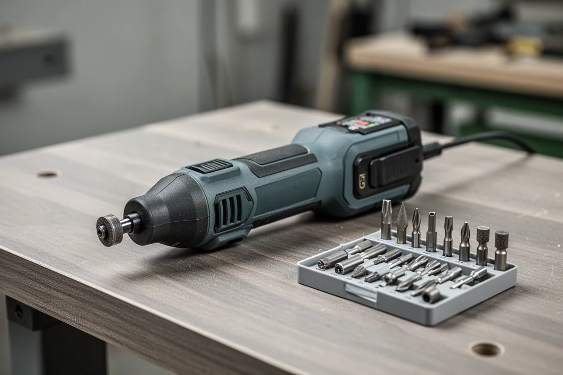 Homeowner using a cordless rotary tool on a small DIY project at a workbench