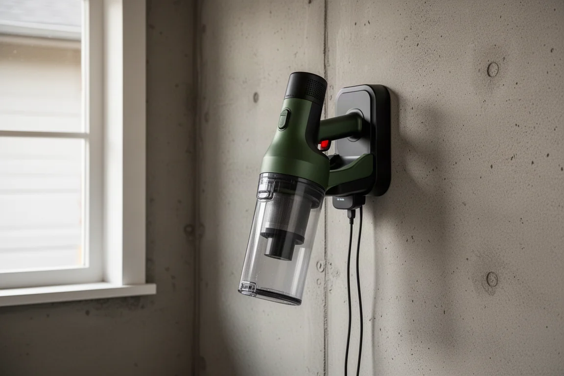 Handheld cordless vacuum mounted on a garage wall charging base