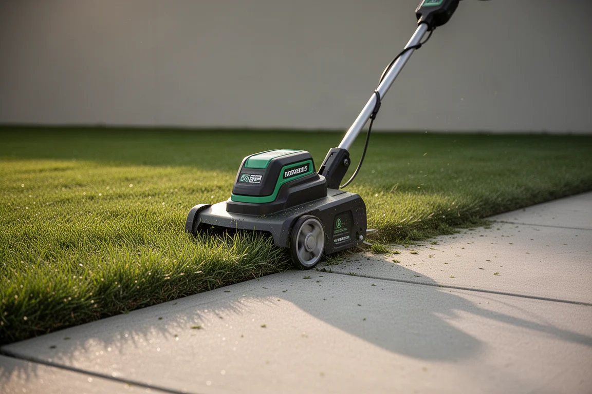 Cordless edger trimming a lawn edge along a concrete walkway