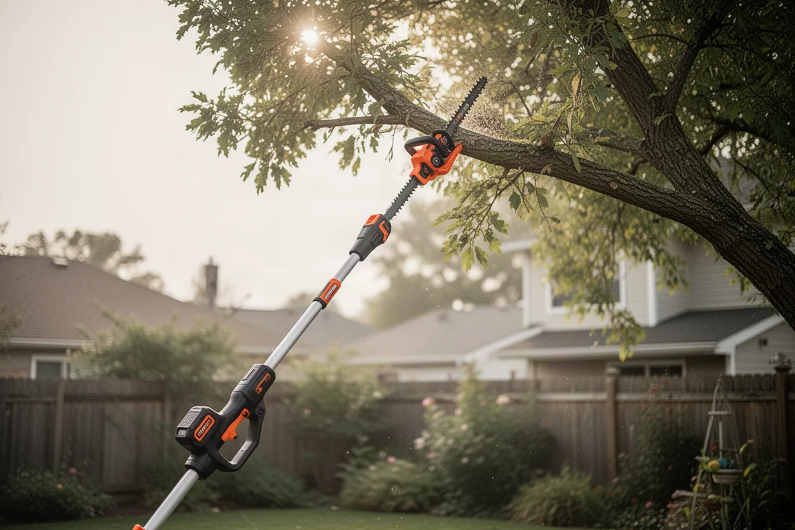 Pole saw trimming high tree branches from the ground