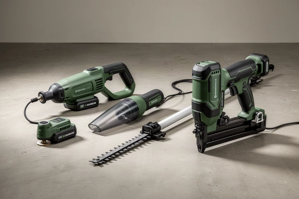 Collection of Ryobi cordless power tools on a concrete workshop floor