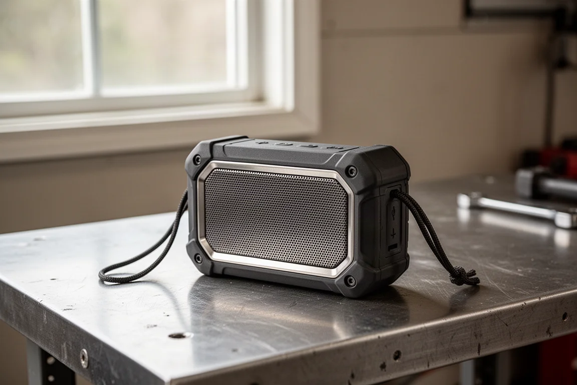 Compact rugged portable Bluetooth speaker with carrying lanyard on a workbench