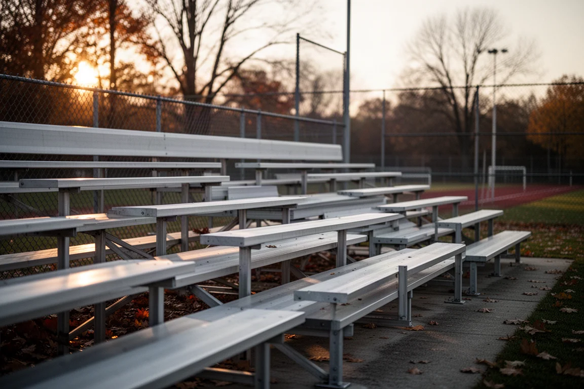 Spectator sitting on cold metal bleachers during an outdoor fall sports game