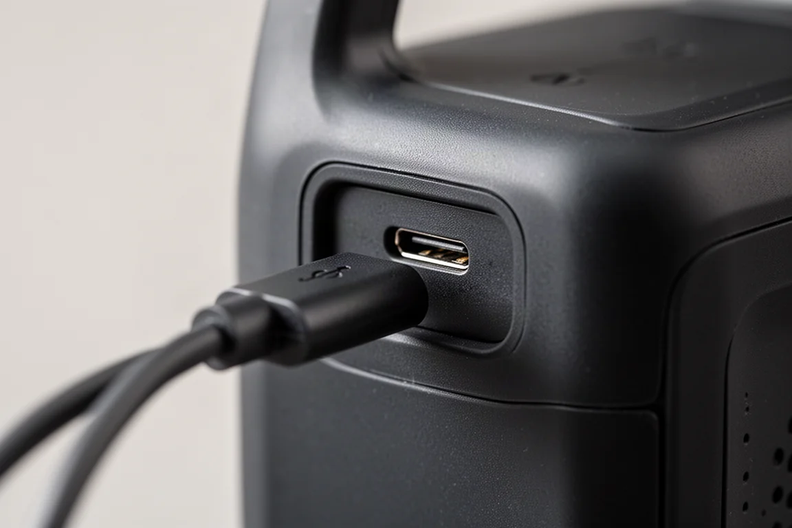 Close-up of a small USB-C charging port on portable gear