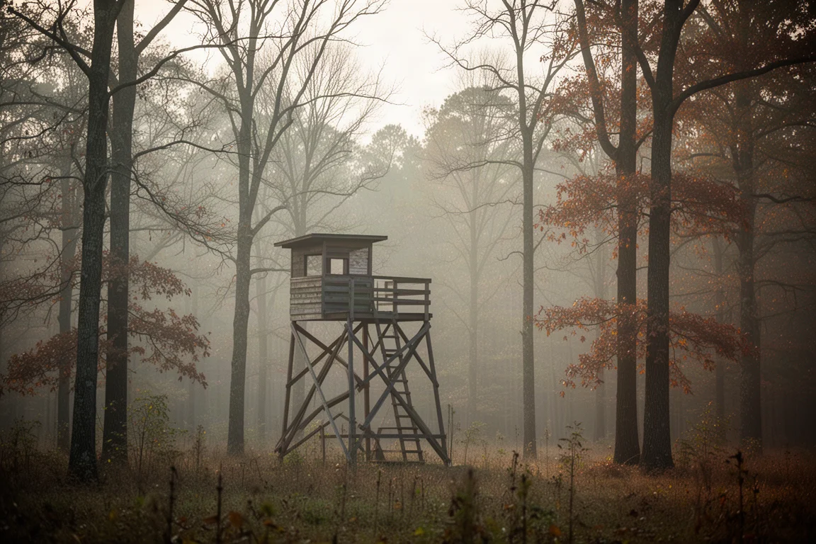 Hunter seated in an elevated tree stand in quiet morning woods