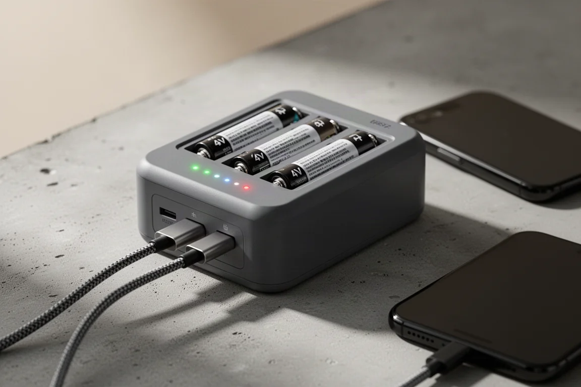 Fuente de alimentación portátil con tres baterías compactas cargadas y un cable USB-C conectado