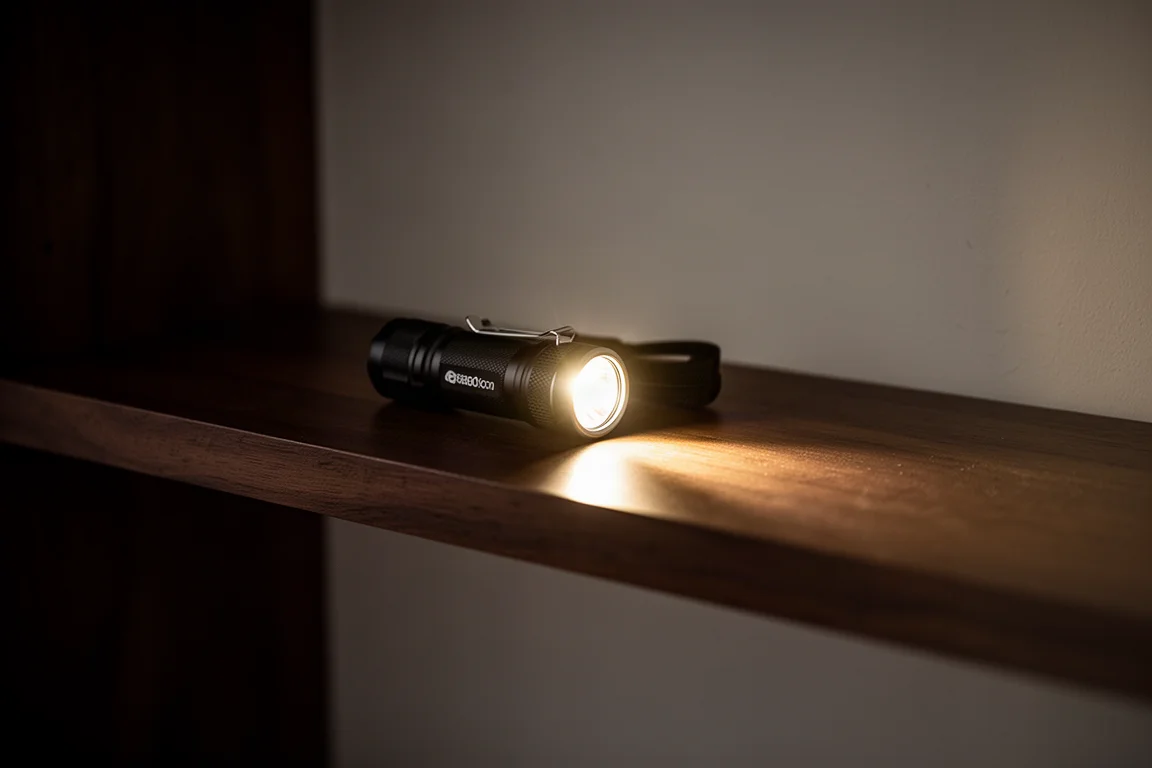 Pequeña linterna LED proyectando un haz brillante en una habitación oscura