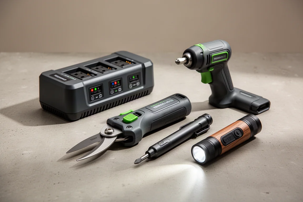 Ryobi 4V USB Lithium tools including a power source, pruning shears, screwdriver, and flashlight arranged on concrete