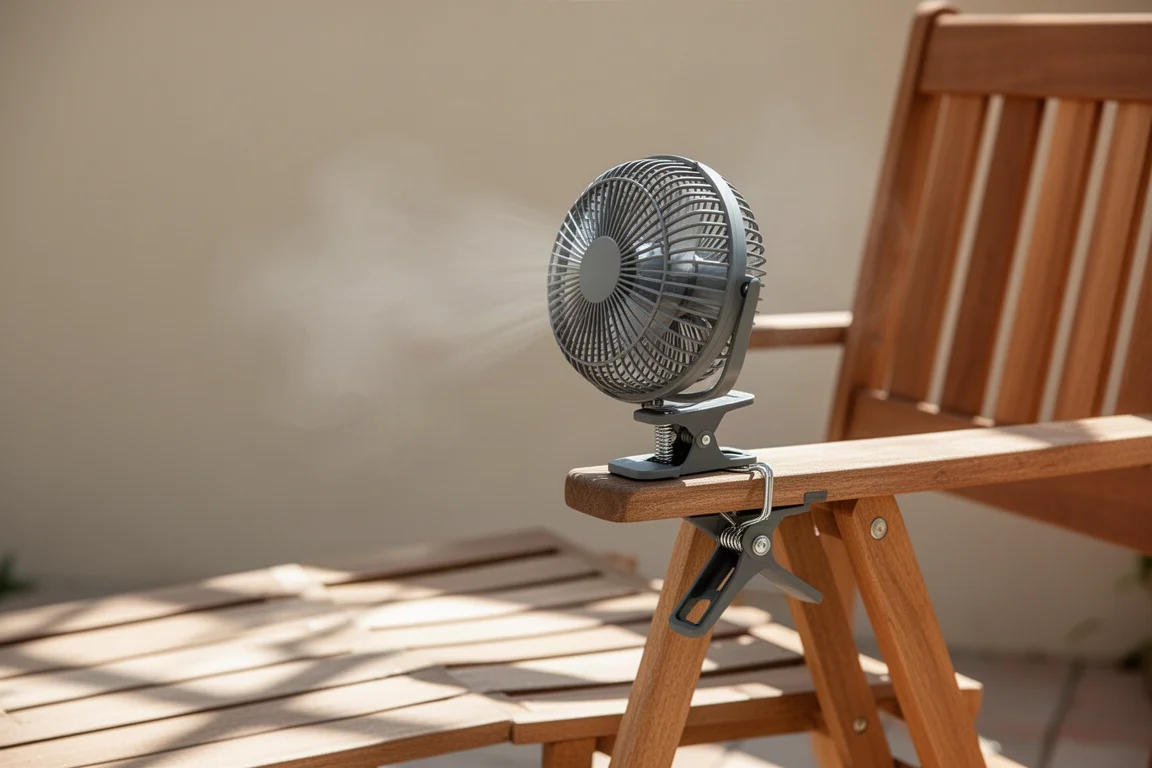 Ventilador compacto de pinza montado en una silla al aire libre, proyectando flujo de aire