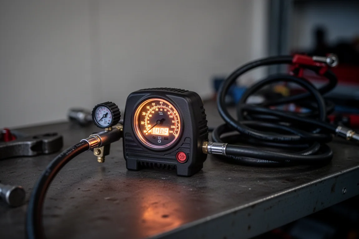 Manómetro digital retroiluminado de un inflador compacto brillando con poca luz