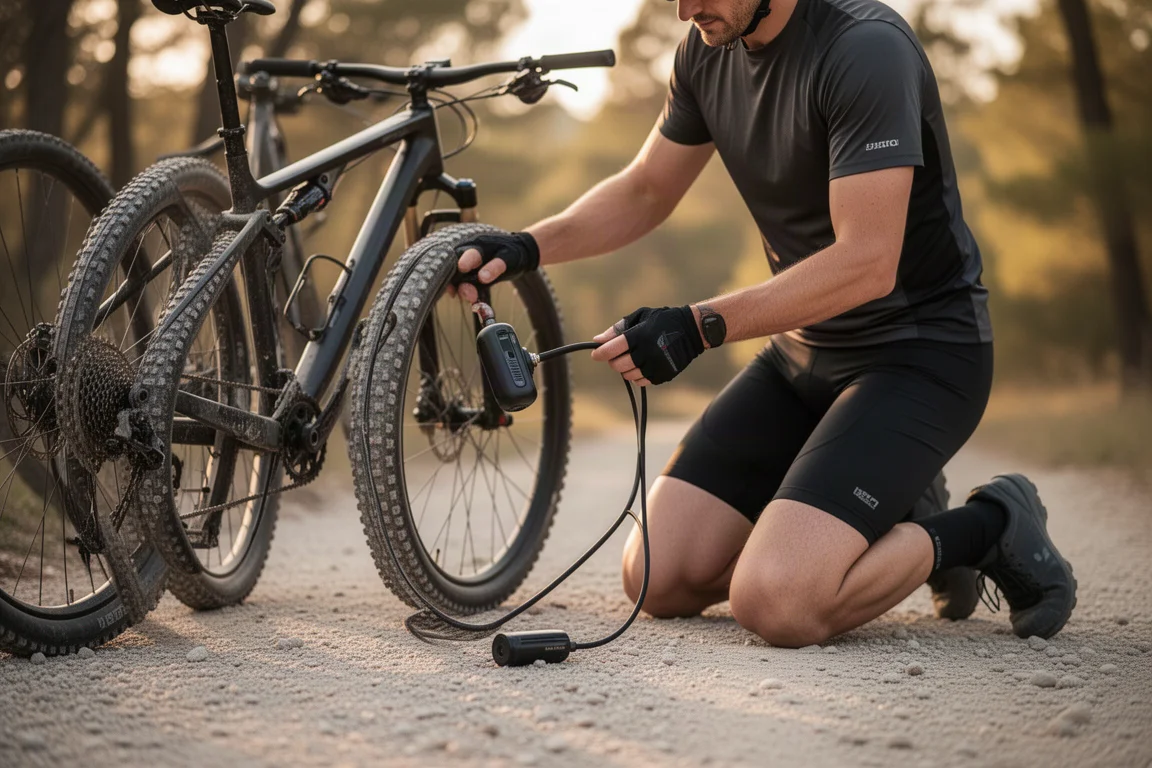 Ciclista rellenando el neumático de una bicicleta con un inflador portátil junto a un sendero