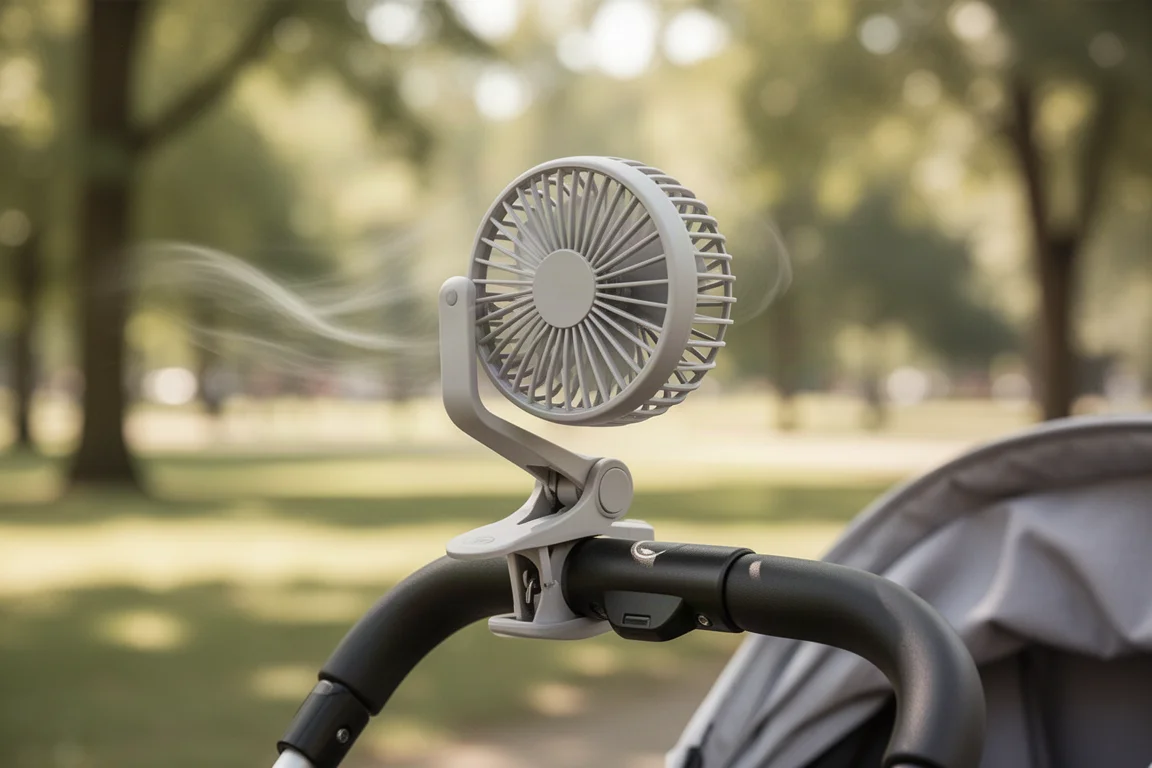 Kleine klemventilator geklemd op een kinderwagenbeugel in een park