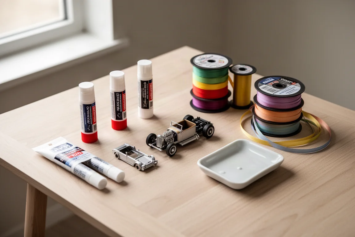 Overzichtsfoto van een hobbywerkplek met lijmstaven en modelonderdelen