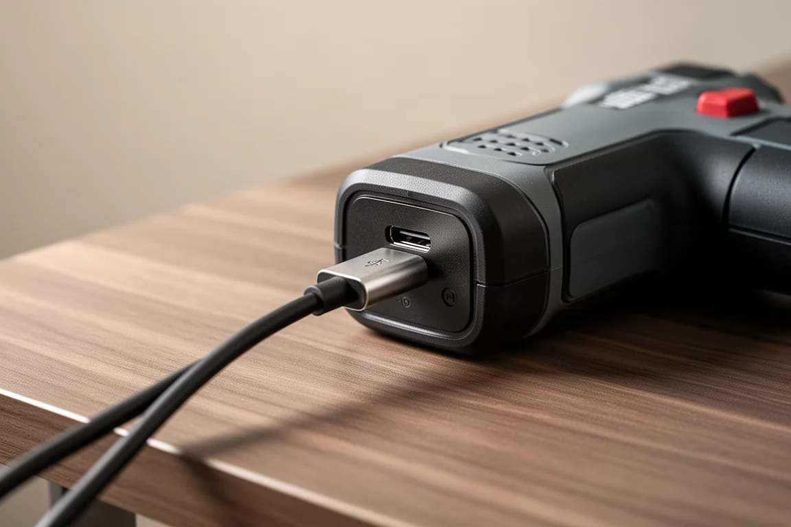 Compact snoerloos gereedschap dat laadt via een USB-C-poort op een houten bureau