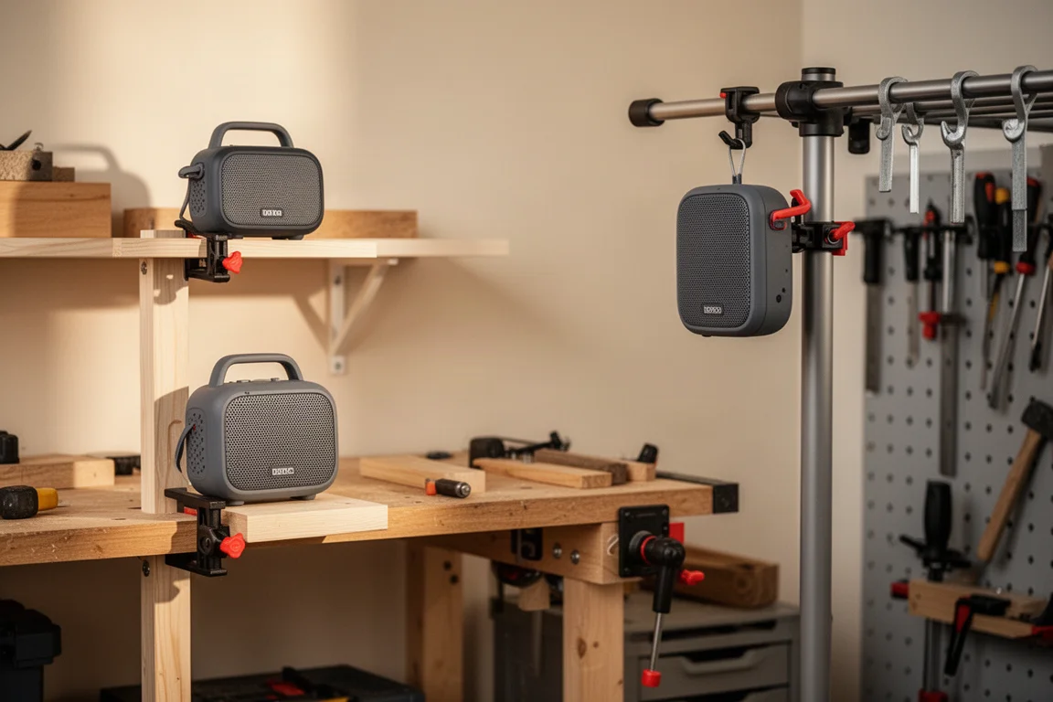 Meerdere draagbare speakers op verschillende punten in een werkplaats vastgeklemd