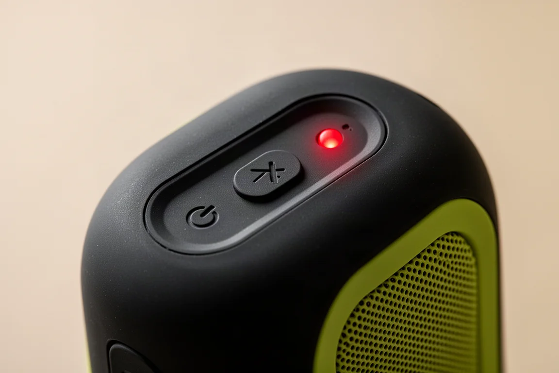Close-up van de sync-knop en status-LED van een speaker
