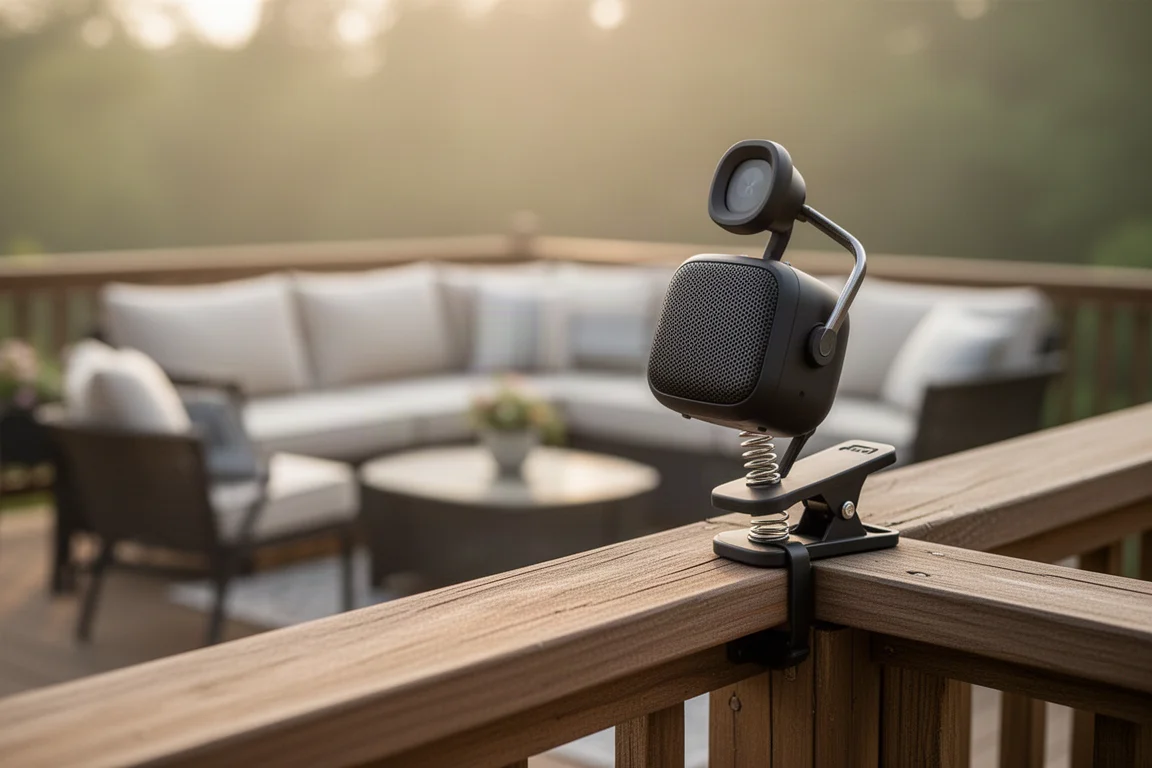 Speaker vastgeklemd aan een terrasleuning met de kop naar een zitgedeelte gericht