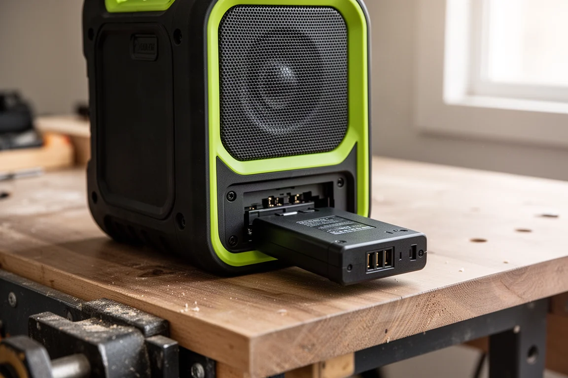 Draagbare speaker met een compacte accu in de onderkant geplaatst