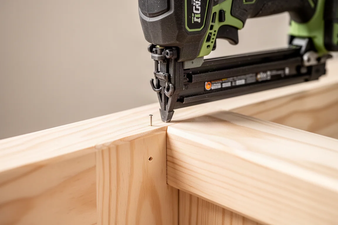 Cordless brad nailer driving a brad into soft timber trim