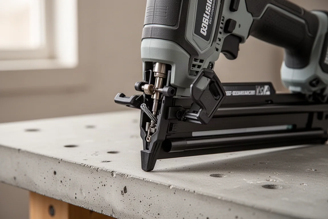 Open nose clearance area of a brad nailer for clearing jams