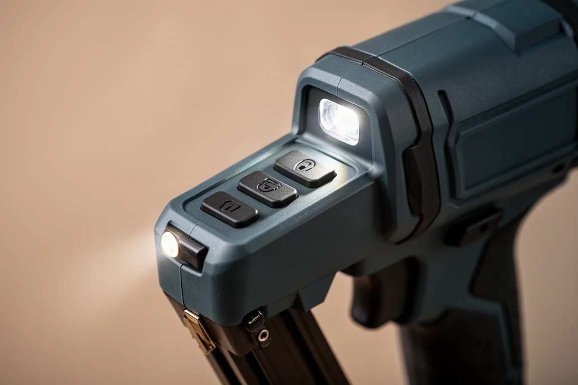 Control panel with on and bump fire buttons on a cordless nailer