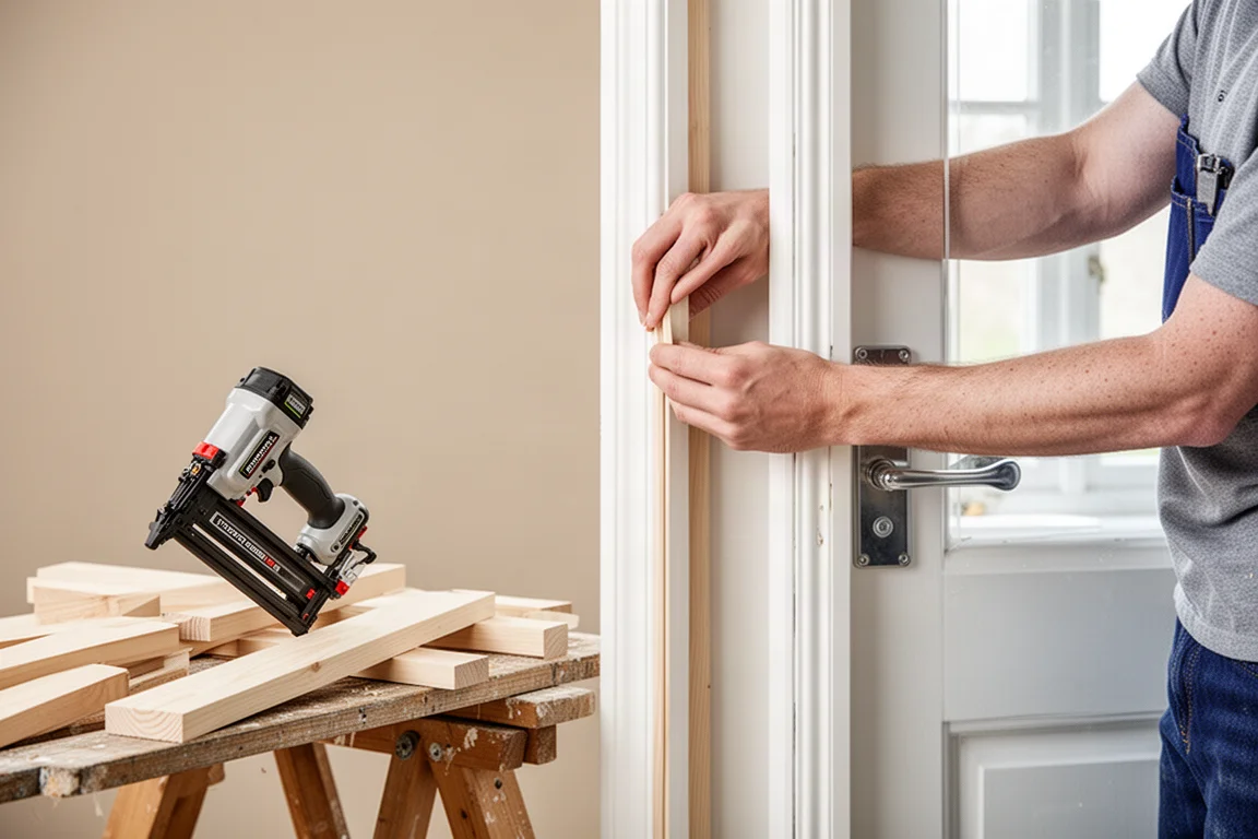 Second fix trim installation of architrave on a door frame