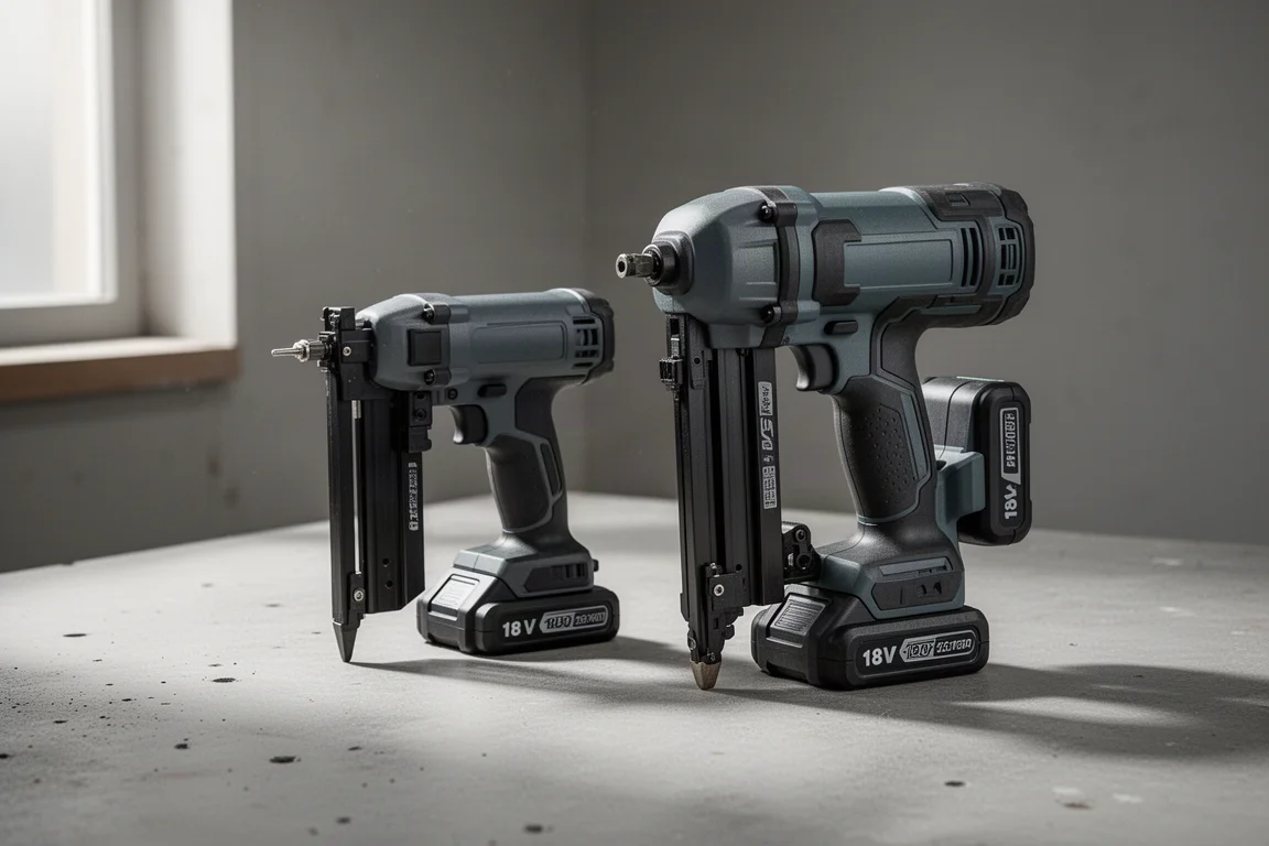 Ryobi AirStrike and Erbauer cordless brad nailers side by side on a concrete surface