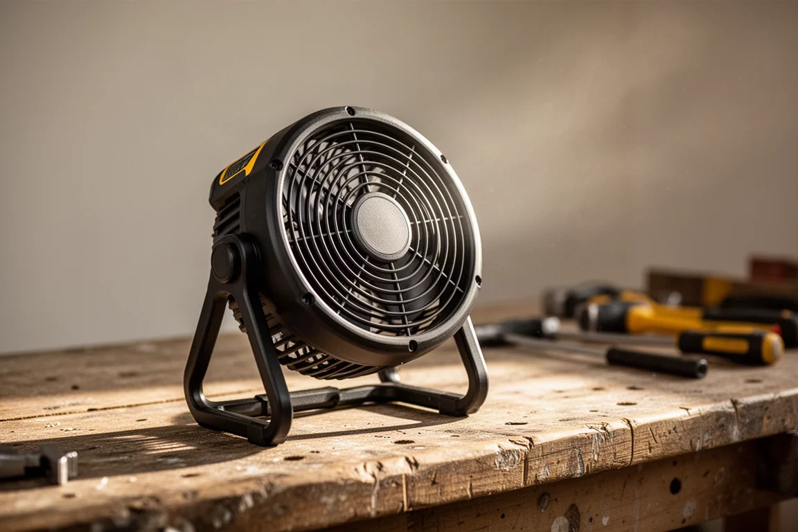 Draagbare accuventilator op een werkbank, omhoog gericht in warm namiddaglicht