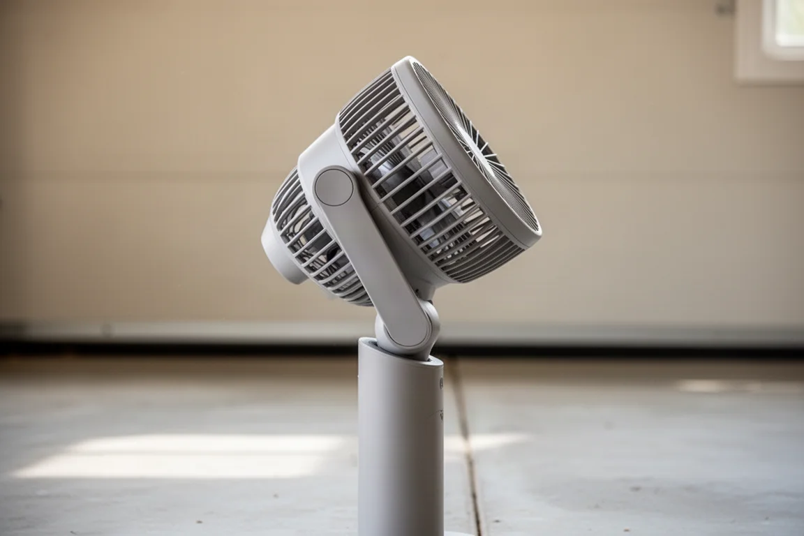 Kop van een accuventilator schuin omhoog gericht op een garagedeurgenvloer